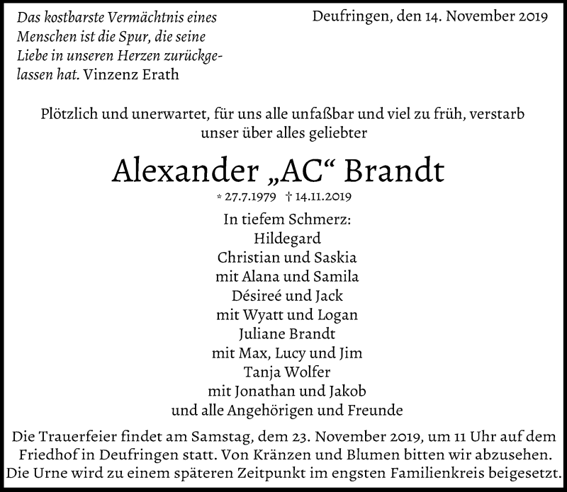  Traueranzeige für Alexander Brandt vom 20.11.2019 aus Kreiszeitung Böblinger Bote