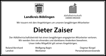 Traueranzeige von Dieter Zaiser von Kreiszeitung Böblinger Bote