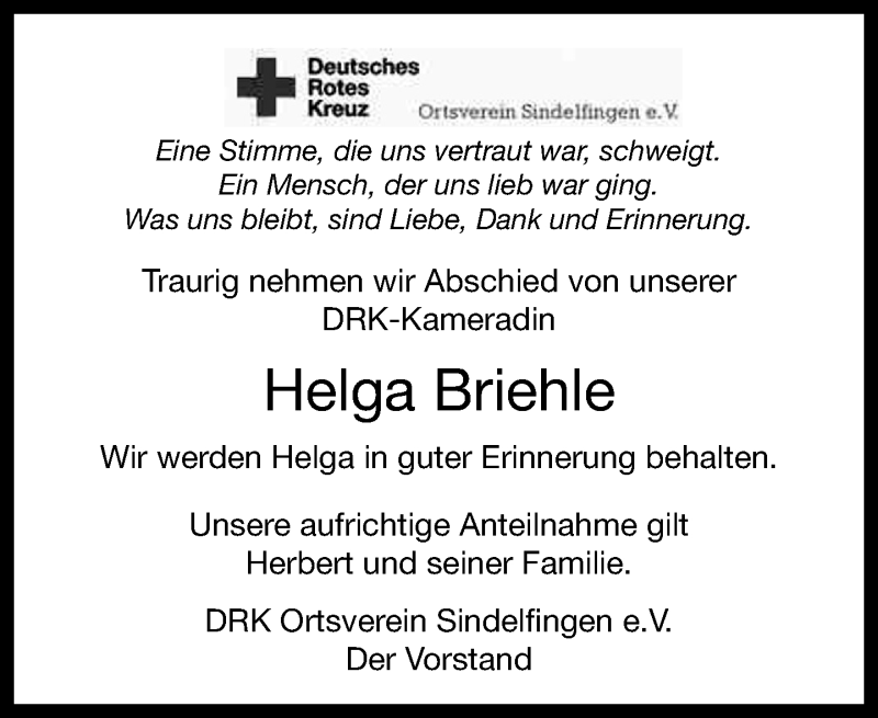  Traueranzeige für Helga Briehle vom 20.11.2019 aus Kreiszeitung Böblinger Bote
