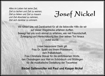 Traueranzeige von Josef Nickel von Kreiszeitung Böblinger Bote