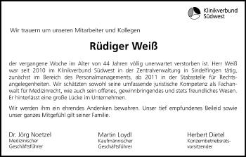 Traueranzeige von Rüdiger Weiß von Kreiszeitung Böblinger Bote