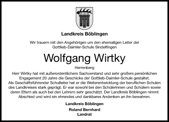 Traueranzeige von Wolfgang Wirtky von Kreiszeitung Böblinger Bote