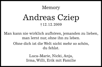Traueranzeige von Andreas Cziep von Kreiszeitung Böblinger Bote