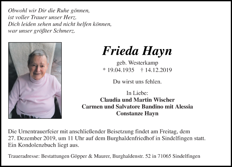  Traueranzeige für Frieda Hayn vom 21.12.2019 aus Kreiszeitung Böblinger Bote