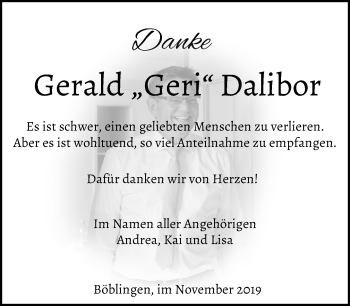 Traueranzeige von Gerald  Dalibor von Kreiszeitung Böblinger Bote