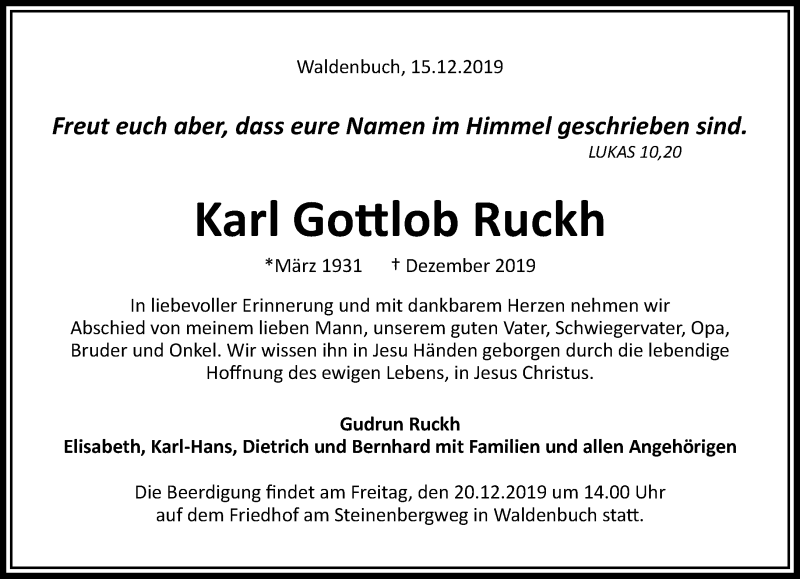  Traueranzeige für Karl Gottlob Ruckh vom 19.12.2019 aus Kreiszeitung Böblinger Bote