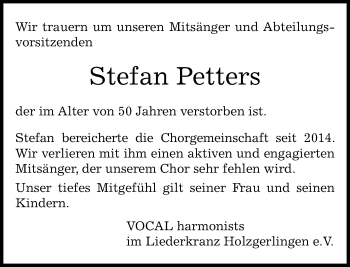 Traueranzeige von Stefan Petters von Kreiszeitung Böblinger Bote