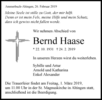Traueranzeige von Bernd Haase von Kreiszeitung Böblinger Bote
