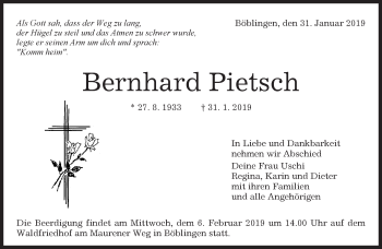 Traueranzeige von Bernhard Pietsch von Kreiszeitung Böblinger Bote