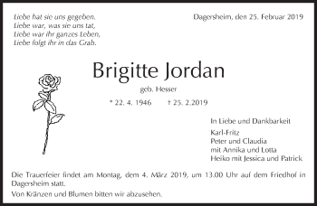 Traueranzeige von Brigitte Jordan von Kreiszeitung Böblinger Bote