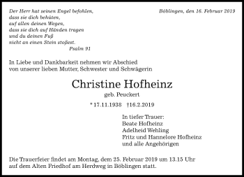 Traueranzeige von Christine Hofheinz von Kreiszeitung Böblinger Bote