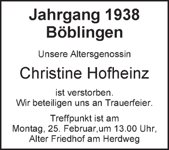 Traueranzeige von Christine Hofheinz von Kreiszeitung Böblinger Bote