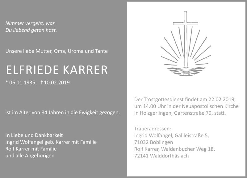  Traueranzeige für Elfriede Karrer vom 16.02.2019 aus Kreiszeitung Böblinger Bote