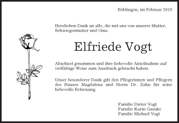 Traueranzeige von Elfriede Vogt von Kreiszeitung Böblinger Bote