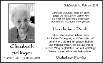 Traueranzeige von Elisabeth Selinger von Kreiszeitung Böblinger Bote