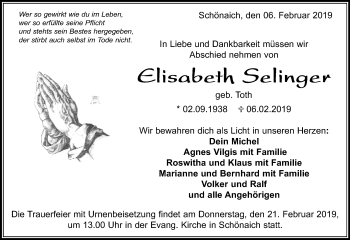 Traueranzeige von Elisabeth Selinger von Kreiszeitung Böblinger Bote