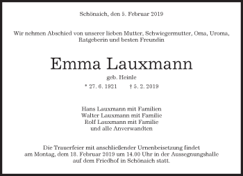 Traueranzeige von Emma Lauxmann von Kreiszeitung Böblinger Bote
