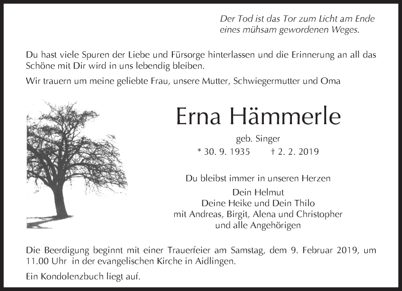  Traueranzeige für Erna Hämmerle vom 06.02.2019 aus Kreiszeitung Böblinger Bote