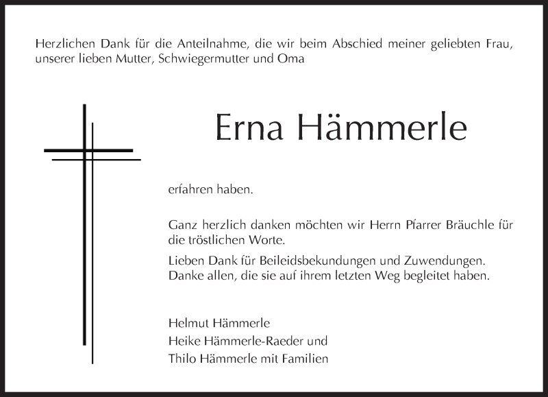  Traueranzeige für Erna Hämmerle vom 15.02.2019 aus Kreiszeitung Böblinger Bote