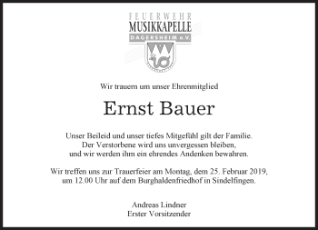 Traueranzeige von Ernst Bauer von Kreiszeitung Böblinger Bote