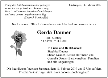 Traueranzeige von Gerda Dauner von Kreiszeitung Böblinger Bote