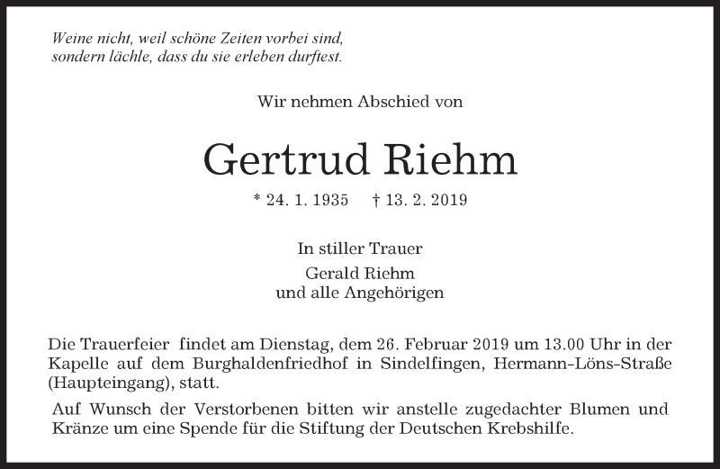  Traueranzeige für Gertrud Riehm vom 23.02.2019 aus Kreiszeitung Böblinger Bote