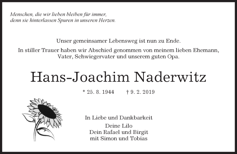  Traueranzeige für Hans-Joachim Naderwitz vom 27.02.2019 aus Kreiszeitung Böblinger Bote