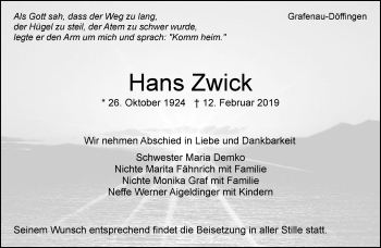 Traueranzeige von Hans Zwick von Kreiszeitung Böblinger Bote