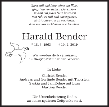 Traueranzeige von Harald Bender von Kreiszeitung Böblinger Bote