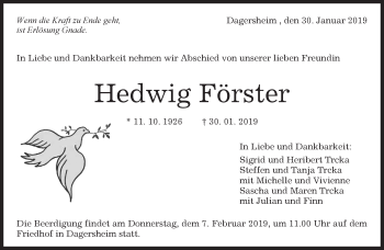 Traueranzeige von Hedwig Förster von Kreiszeitung Böblinger Bote