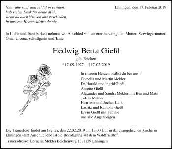 Traueranzeige von Hedwig Berta Gießl von Kreiszeitung Böblinger Bote