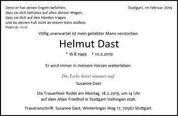 Traueranzeige von Helmut Dast von Kreiszeitung Böblinger Bote