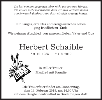 Traueranzeige von Herbert Schaible von Kreiszeitung Böblinger Bote