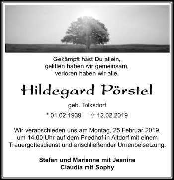Traueranzeige von Hildegard Pörstel von Kreiszeitung Böblinger Bote
