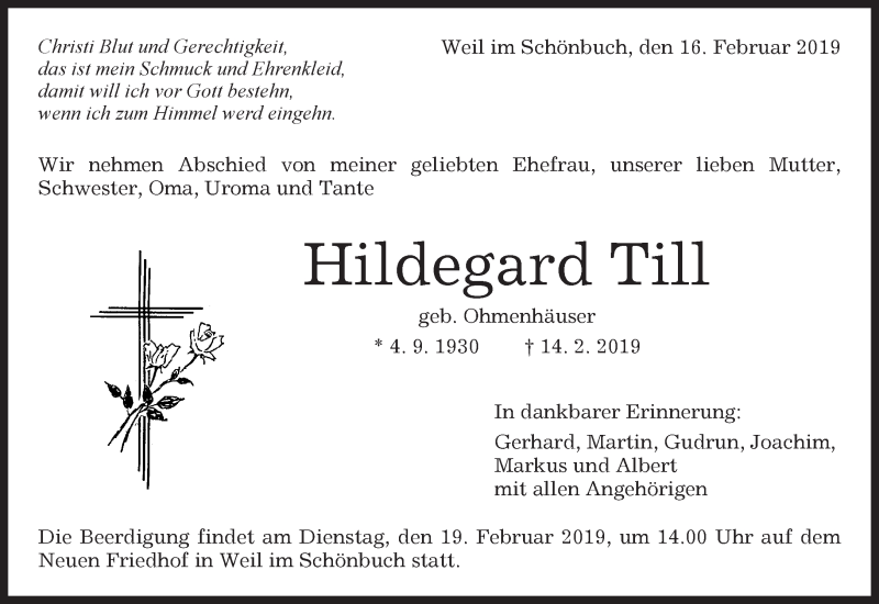  Traueranzeige für Hildegard Till vom 16.02.2019 aus Kreiszeitung Böblinger Bote