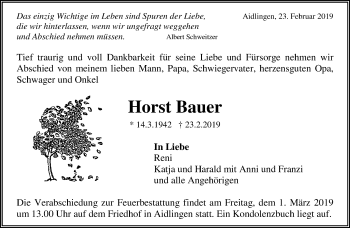 Traueranzeige von Horst Bauer von Kreiszeitung Böblinger Bote