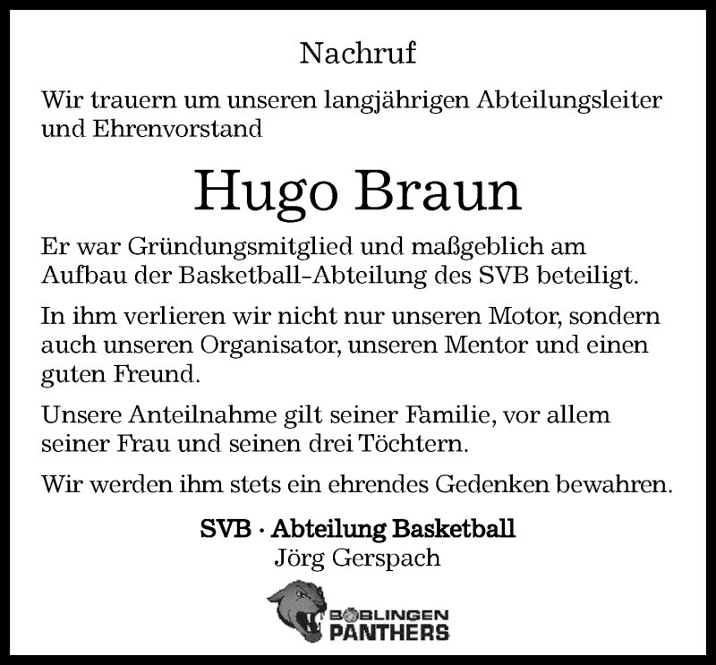  Traueranzeige für Hugo Braun vom 22.02.2019 aus Kreiszeitung Böblinger Bote