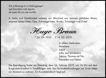 Traueranzeige von Hugo Braun von Kreiszeitung Böblinger Bote