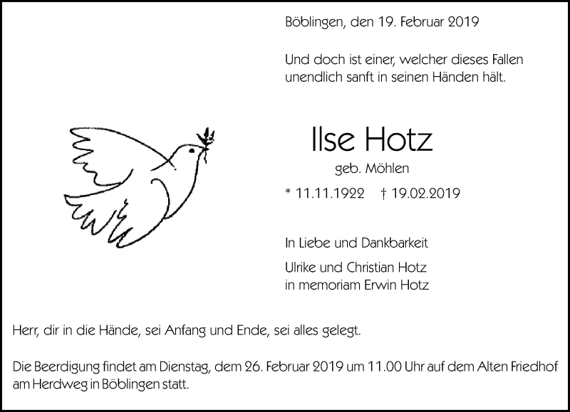  Traueranzeige für Ilse Hotz vom 21.02.2019 aus Kreiszeitung Böblinger Bote