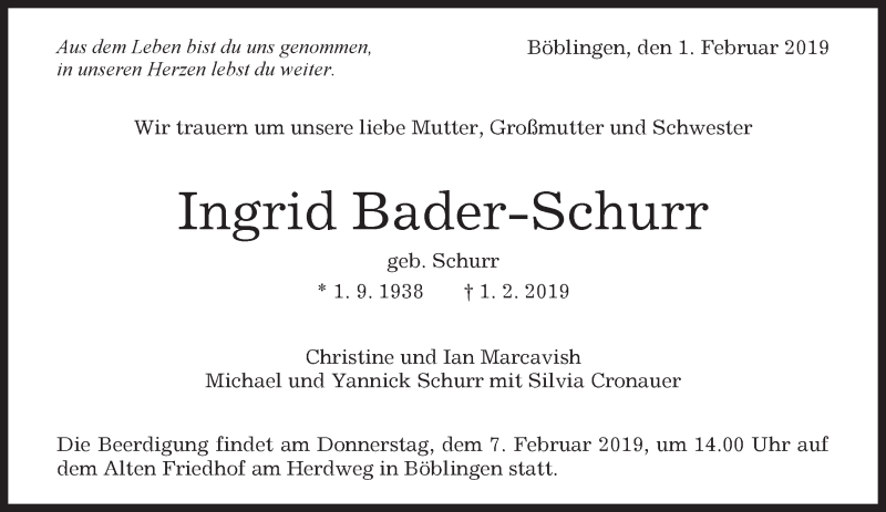  Traueranzeige für Ingrid Bader-Schurr vom 05.02.2019 aus Kreiszeitung Böblinger Bote