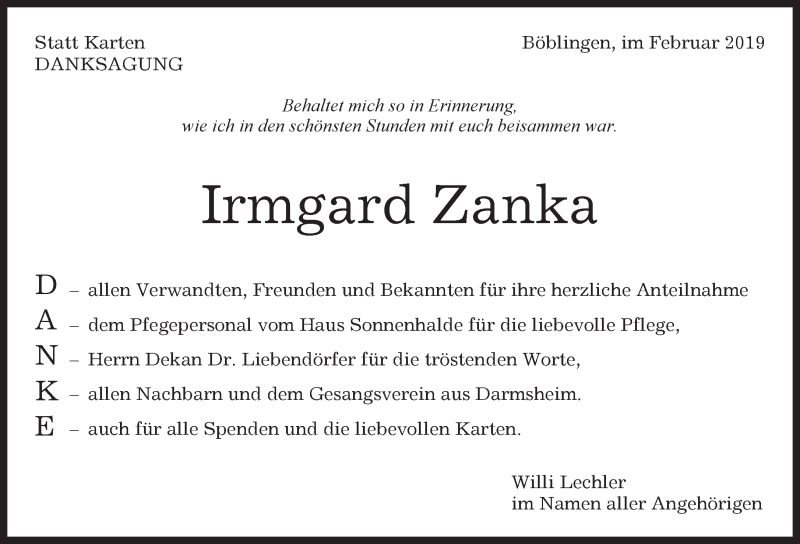  Traueranzeige für Irmgard Zanka vom 23.02.2019 aus Kreiszeitung Böblinger Bote