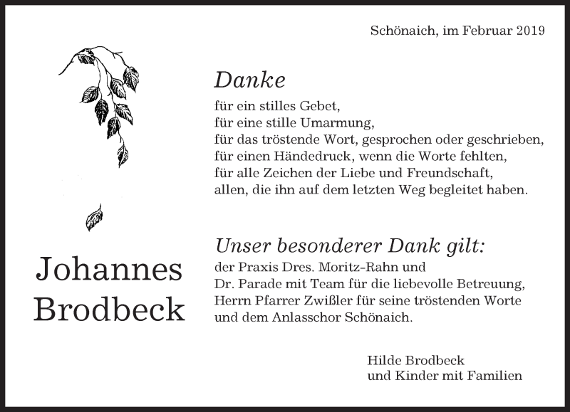  Traueranzeige für Johannes Brodbeck vom 07.02.2019 aus Kreiszeitung Böblinger Bote