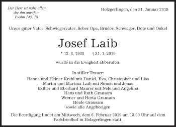 Traueranzeige von Josef Laib von Kreiszeitung Böblinger Bote