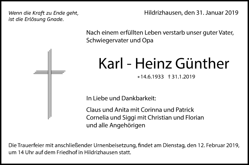  Traueranzeige für Karl-Heinz Günther vom 09.02.2019 aus Kreiszeitung Böblinger Bote
