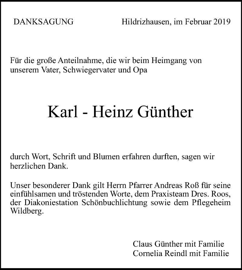  Traueranzeige für Karl Heinz Günther vom 22.02.2019 aus Kreiszeitung Böblinger Bote