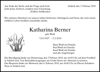 Traueranzeige von Katharina Berner von Kreiszeitung Böblinger Bote
