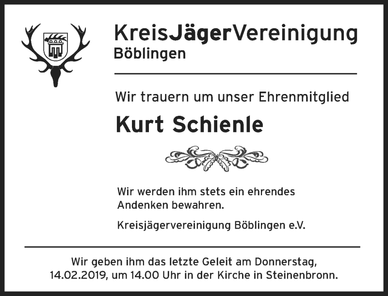  Traueranzeige für Kurt Schienle vom 12.02.2019 aus Kreiszeitung Böblinger Bote