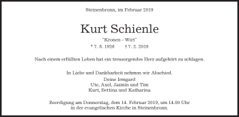 Traueranzeige von Kurt Schienle von Kreiszeitung Böblinger Bote
