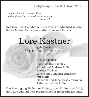 Traueranzeige von Lore Kastner von Kreiszeitung Böblinger Bote