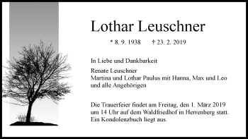 Traueranzeige von Lothar Leuschner von Kreiszeitung Böblinger Bote